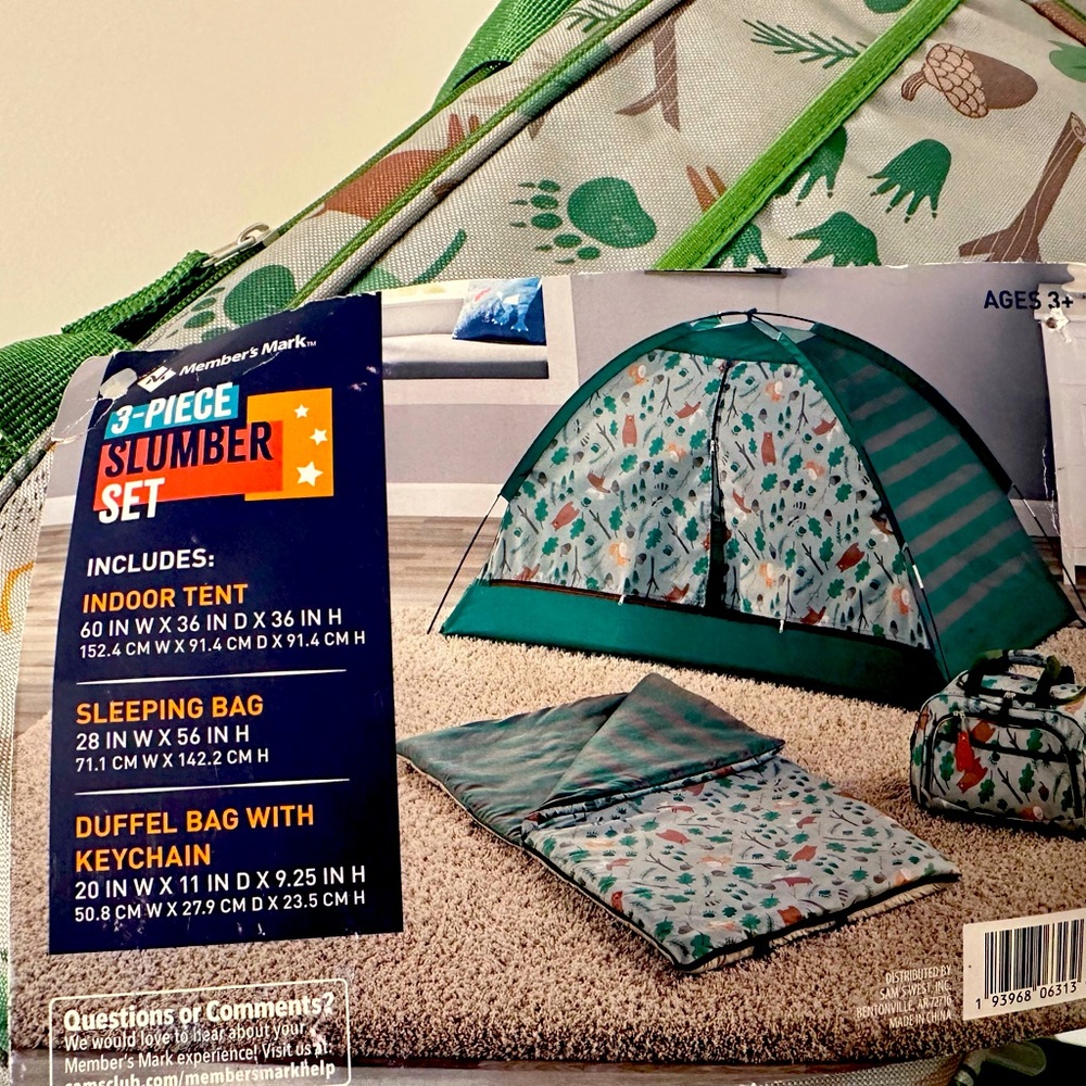 Three piece set with indoor tent, sleeping bag, duffel bag.